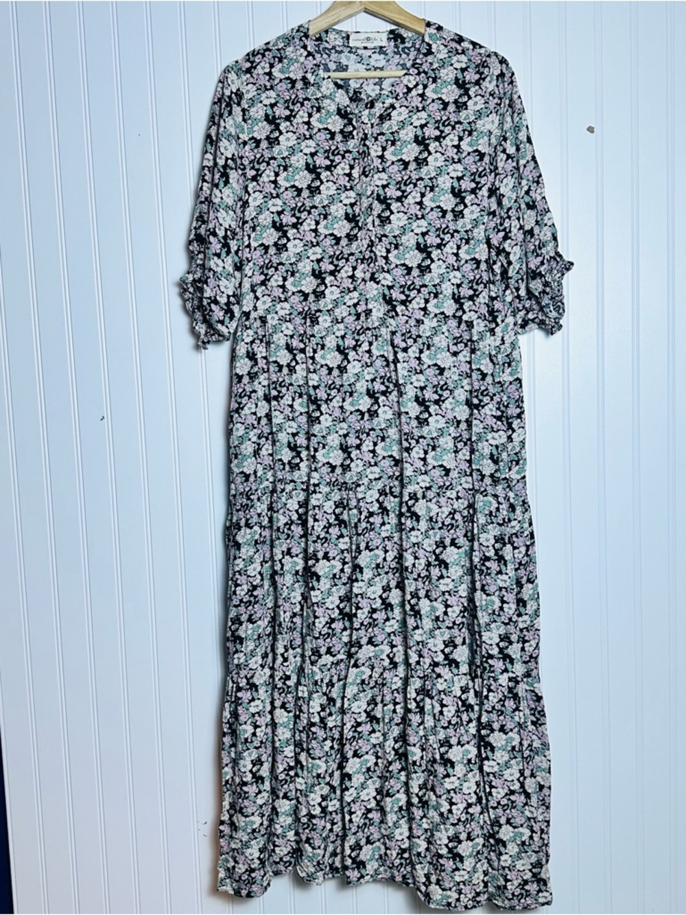 Natural Life Womens Boho Dark Floral Tiered Midi Dress L Black Cottagecore